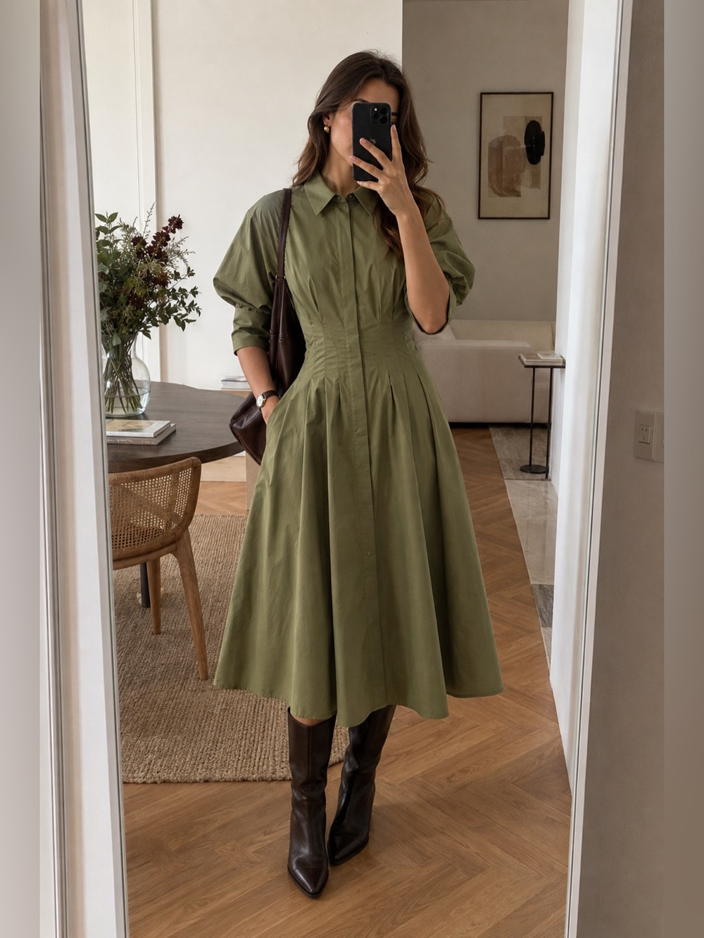 English Factory Olive Green Cotton Collared Pleated Midi Shirt Dress XS NWT